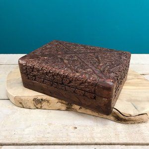 VINTAGE Carved Wood Relief Stash Trinket Box Floral Design Bohemian Decor
